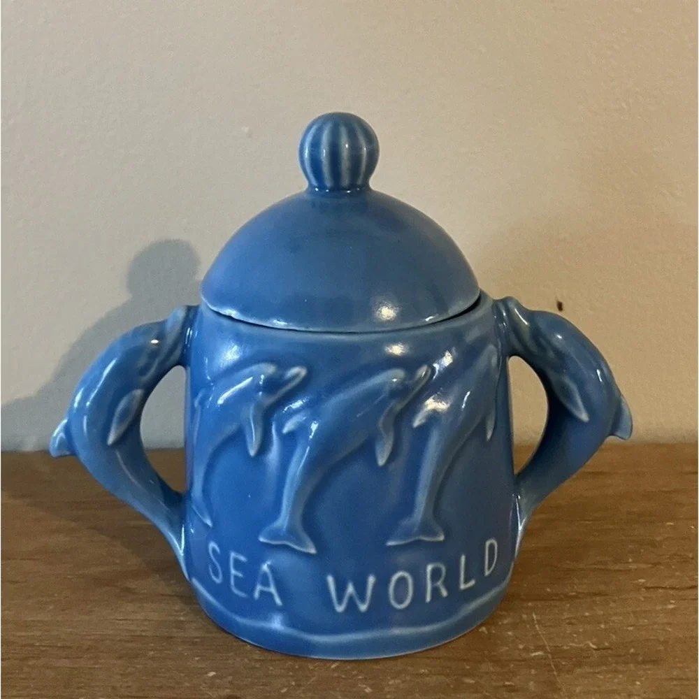1974 Vintage Blue Sea World Ceramic Sugar Bowl with Dolphins -Japan